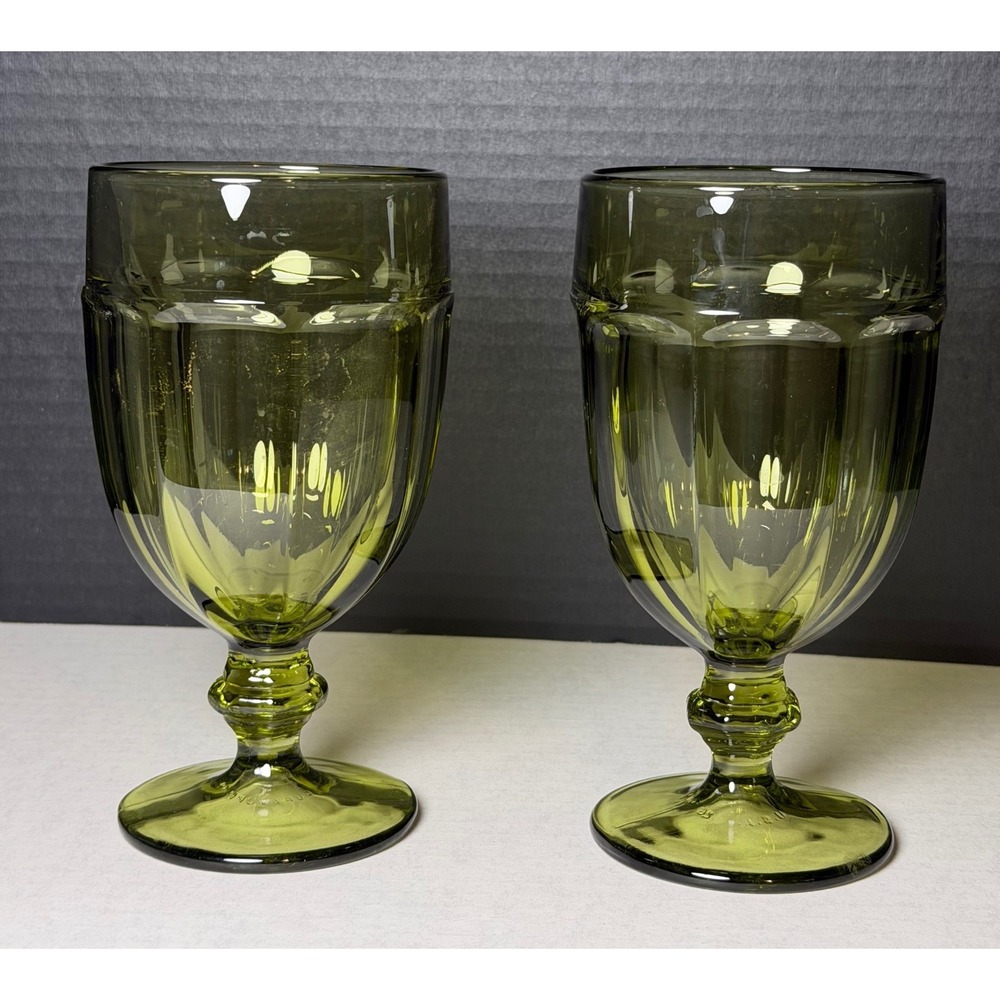 VTG Libbey Gibraltar Duratuff Olive Green Glass Goblets Water Glasses Set of 2 - Picture 2 of 6